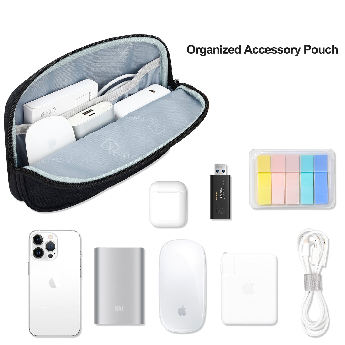 E-Tree 10.7 inch Black Tech Organizer, Multiple Storage Mesh Pockets for Cable, Cord, Charger, Power Bank, Airpods