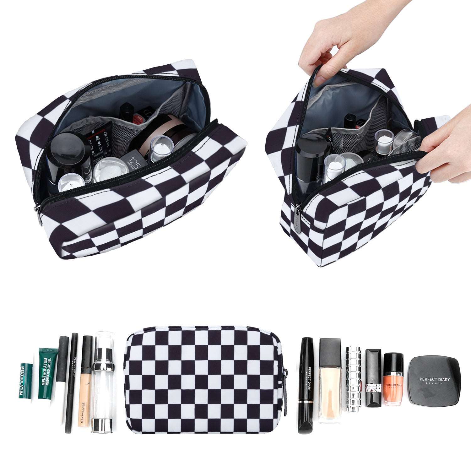 E-Tree 10 inches Canvas Zippered Checkered Cosmetic Travel Bag