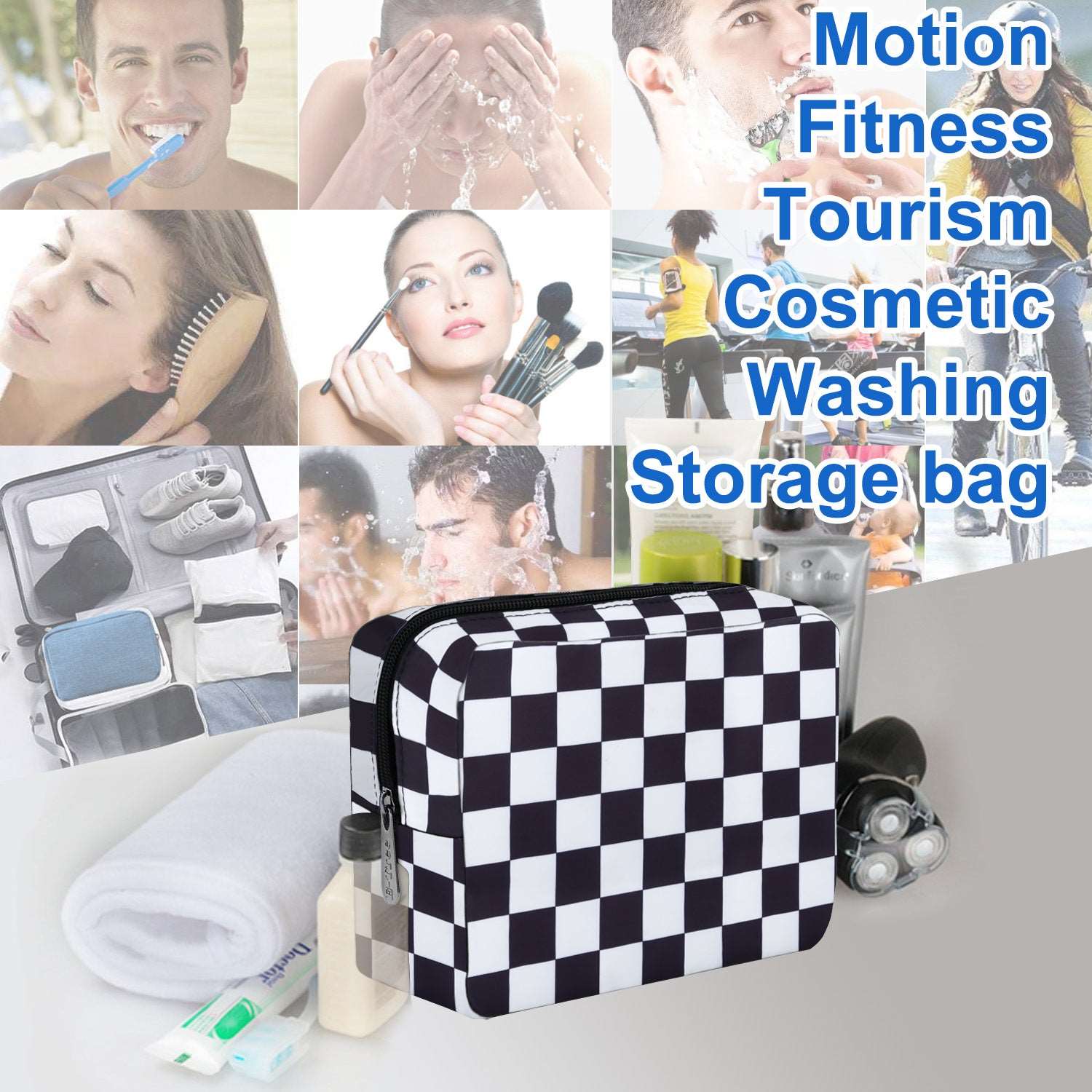 E-Tree 10 inches Canvas Zippered Checkered Cosmetic Travel Bag