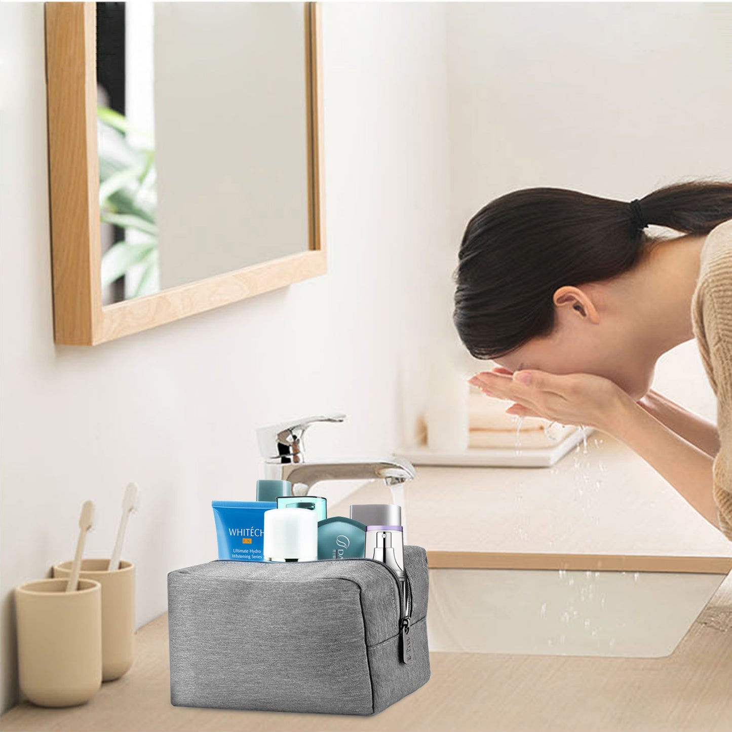 E-Tree 10 inches Canvas Zippered Grey Cosmetic Travel Bag
