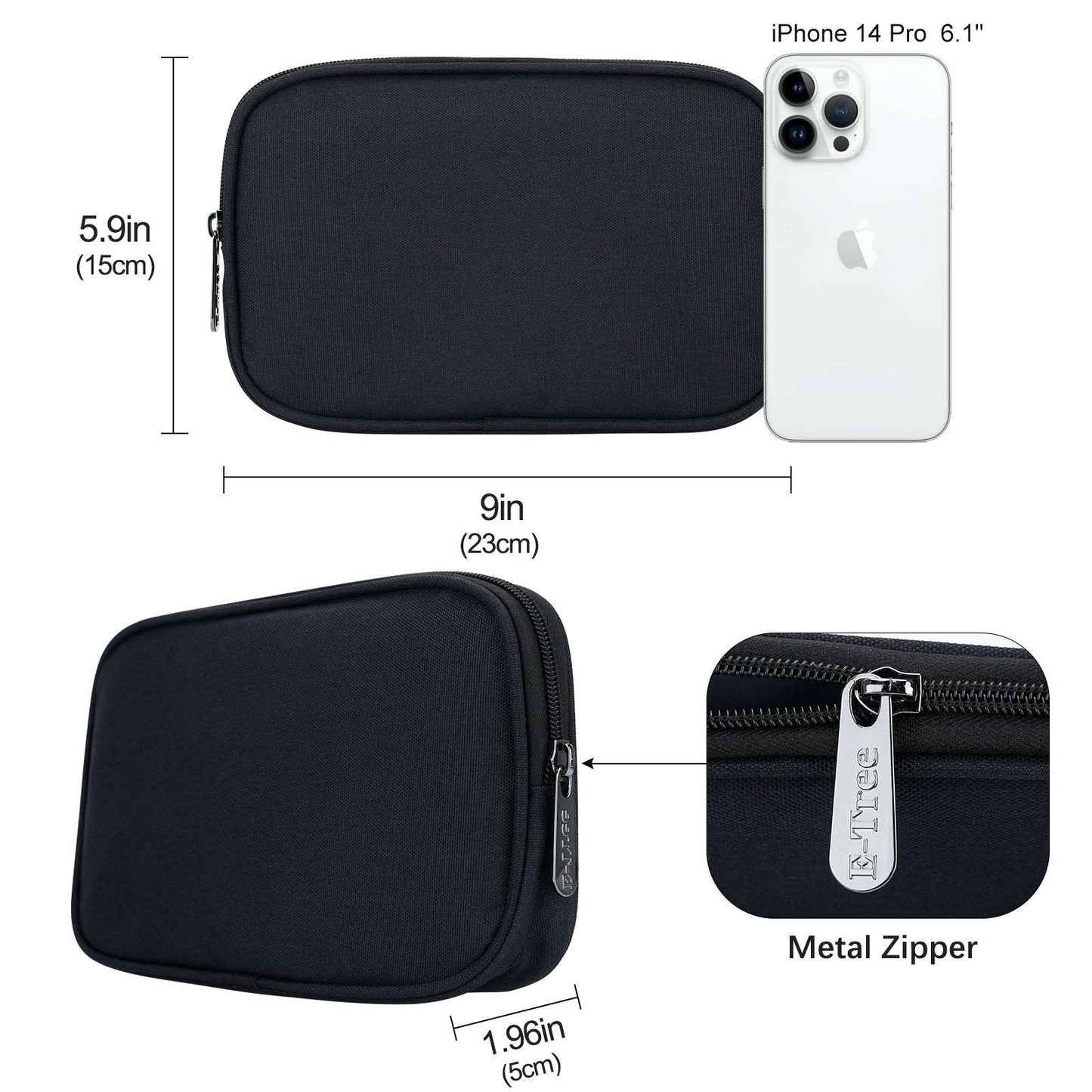E-Tree 10.7 inch Black Tech Organizer, Multiple Storage Mesh Pockets for Cable, Cord, Charger, Power Bank, Airpods