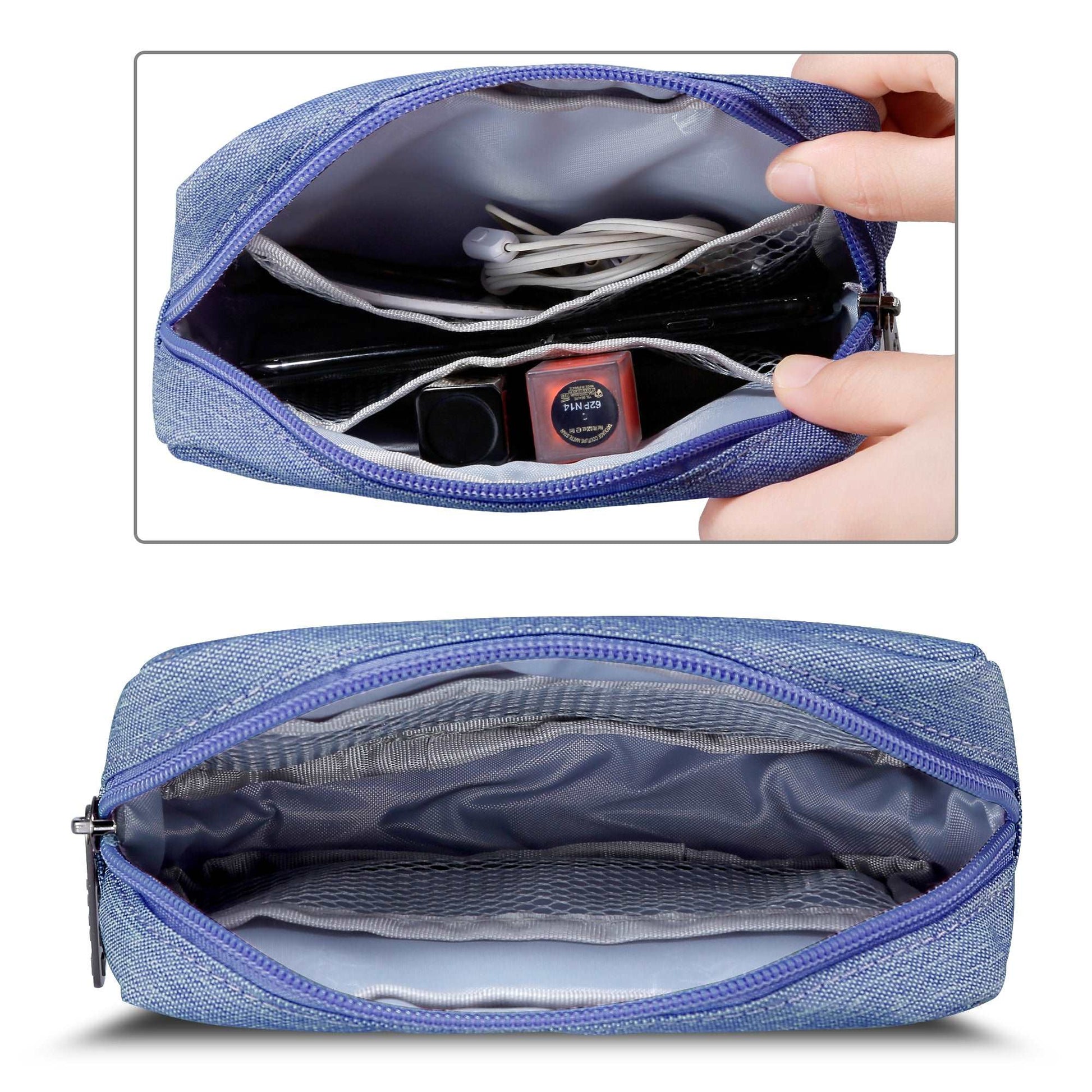 E-Tree 7 inches Canvas Zippered Blue Cosmetic Travel Bag