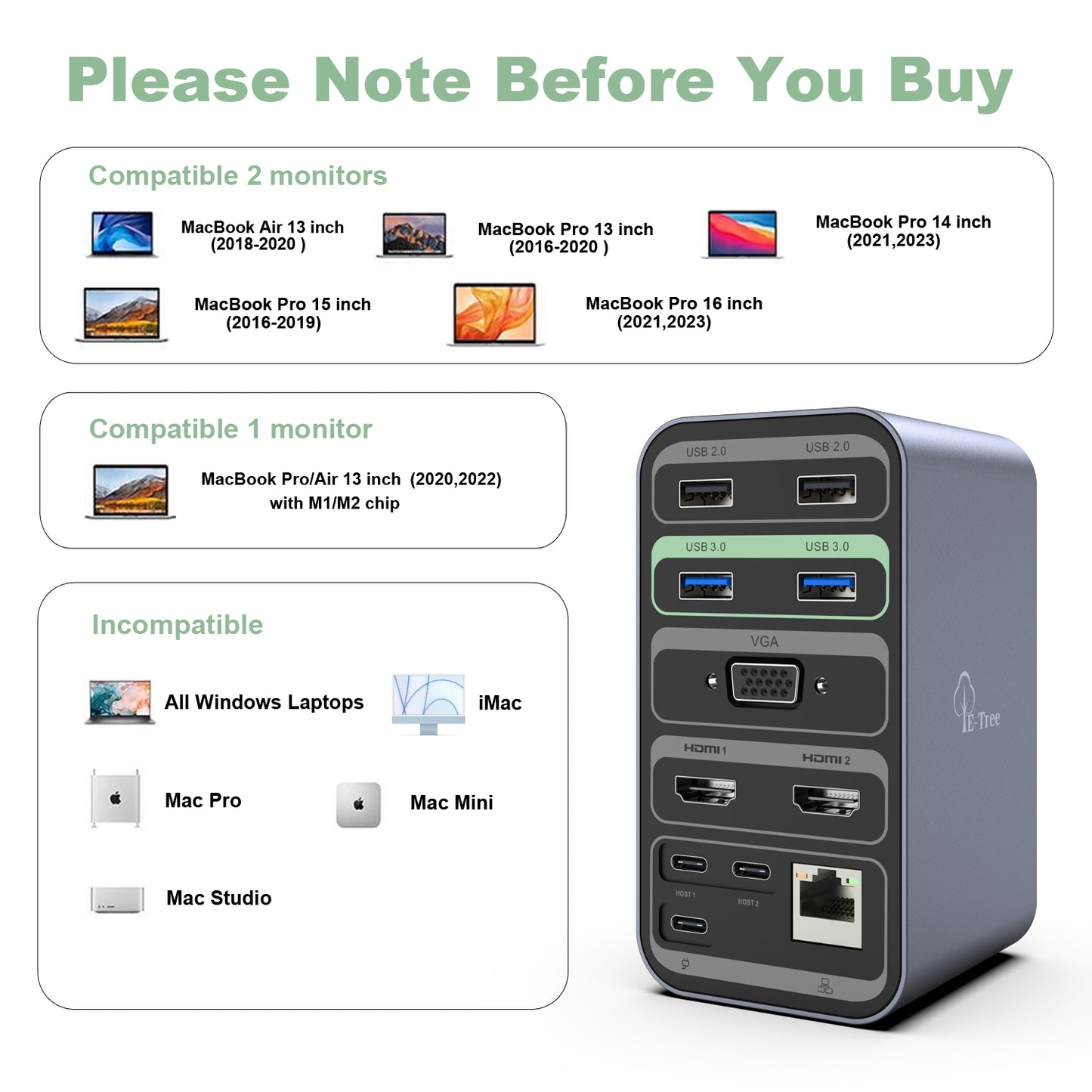 E-Tree 13 in 2 Dual Moniter USB-C Docking Station for MacOS